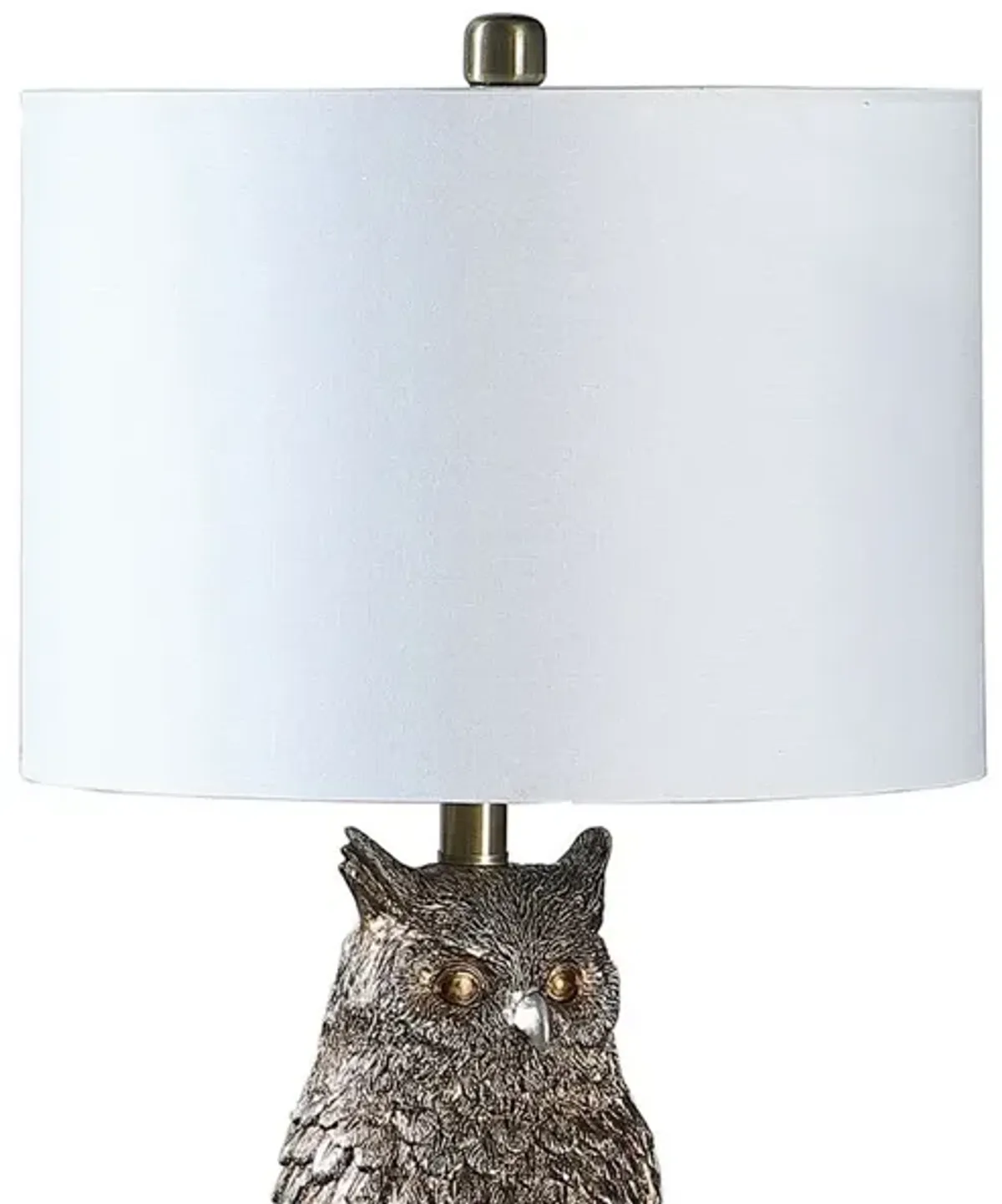 Polyresin Sitting Owl Design Table Lamp with Round Base, Silver-Benzara