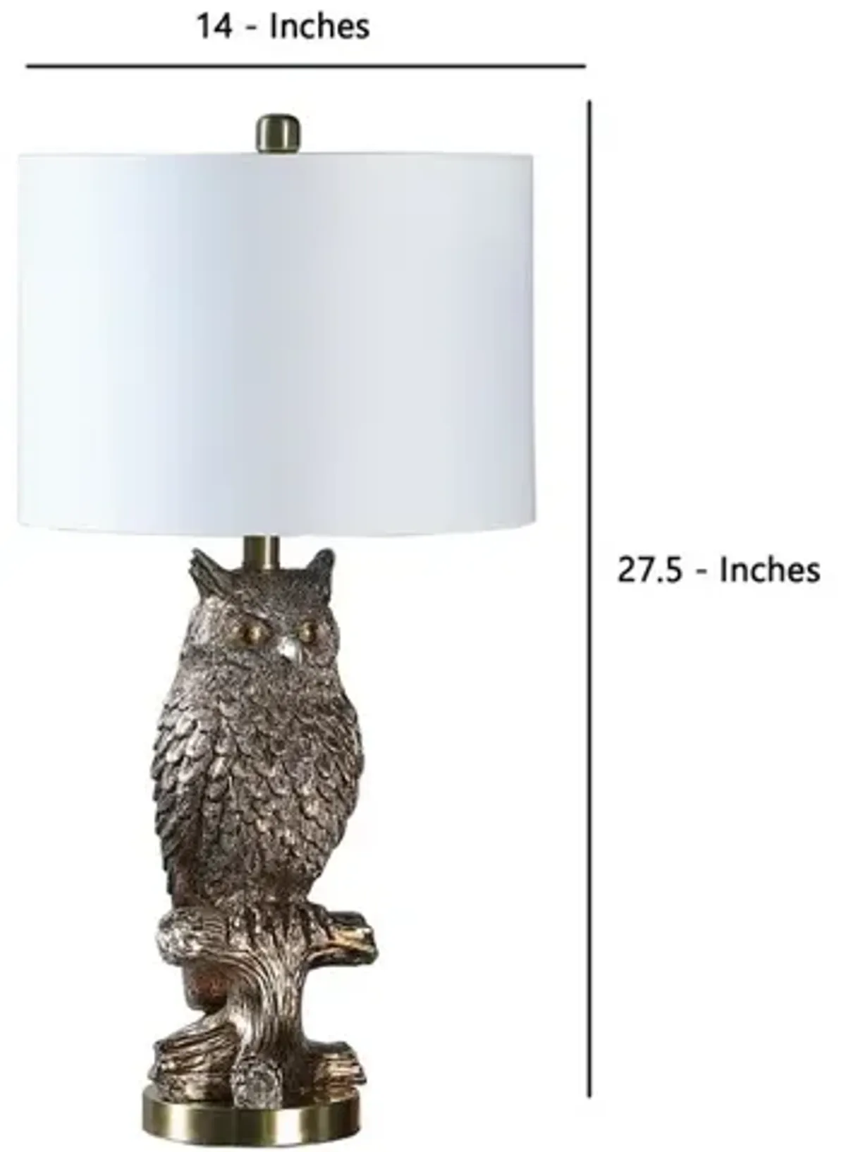 Polyresin Sitting Owl Design Table Lamp with Round Base, Silver-Benzara