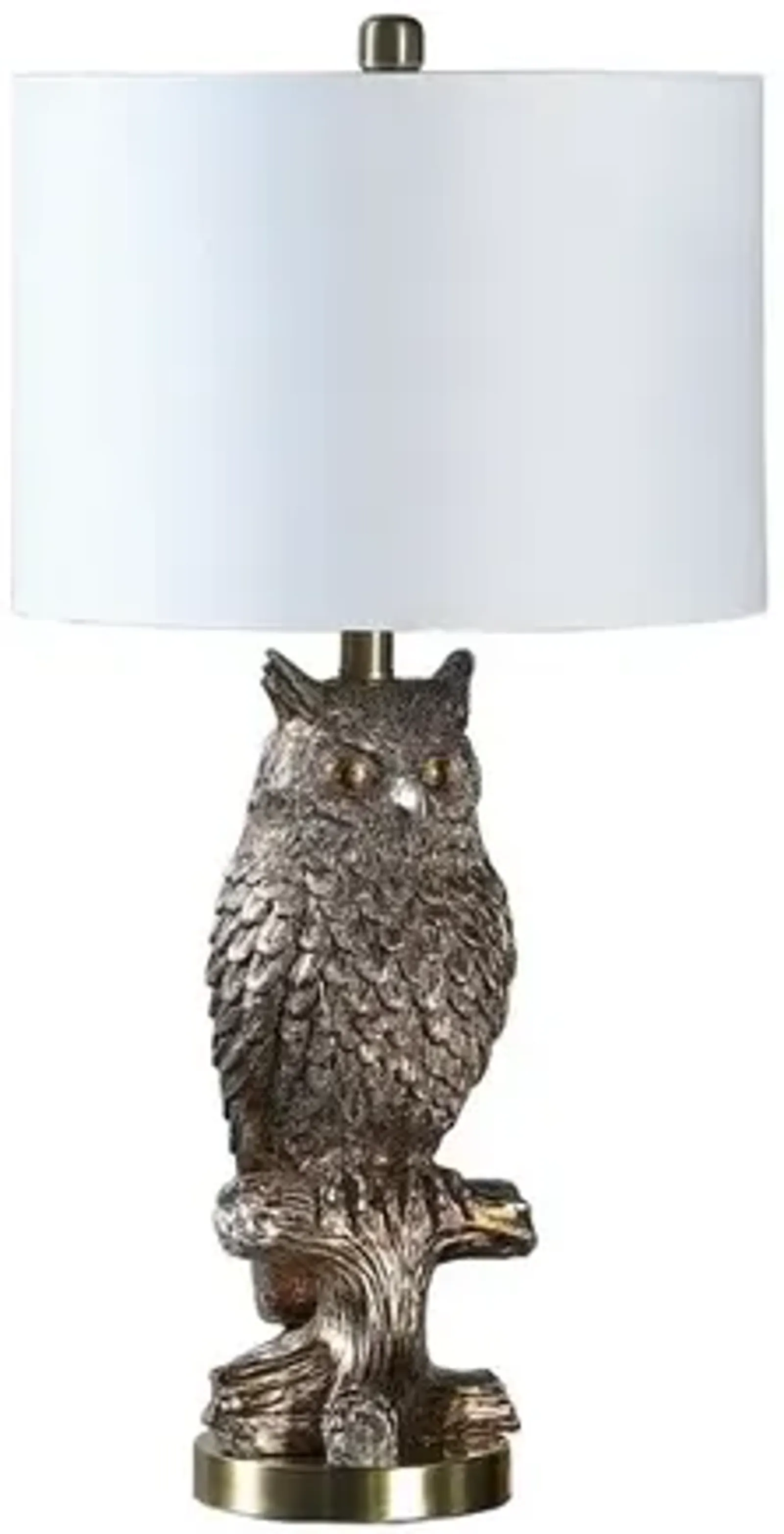 Polyresin Sitting Owl Design Table Lamp with Round Base, Silver-Benzara