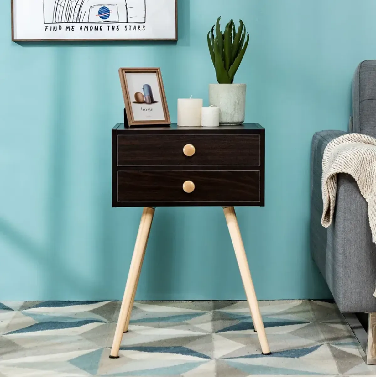 Mid Century Modern 2 Drawers Nightstand