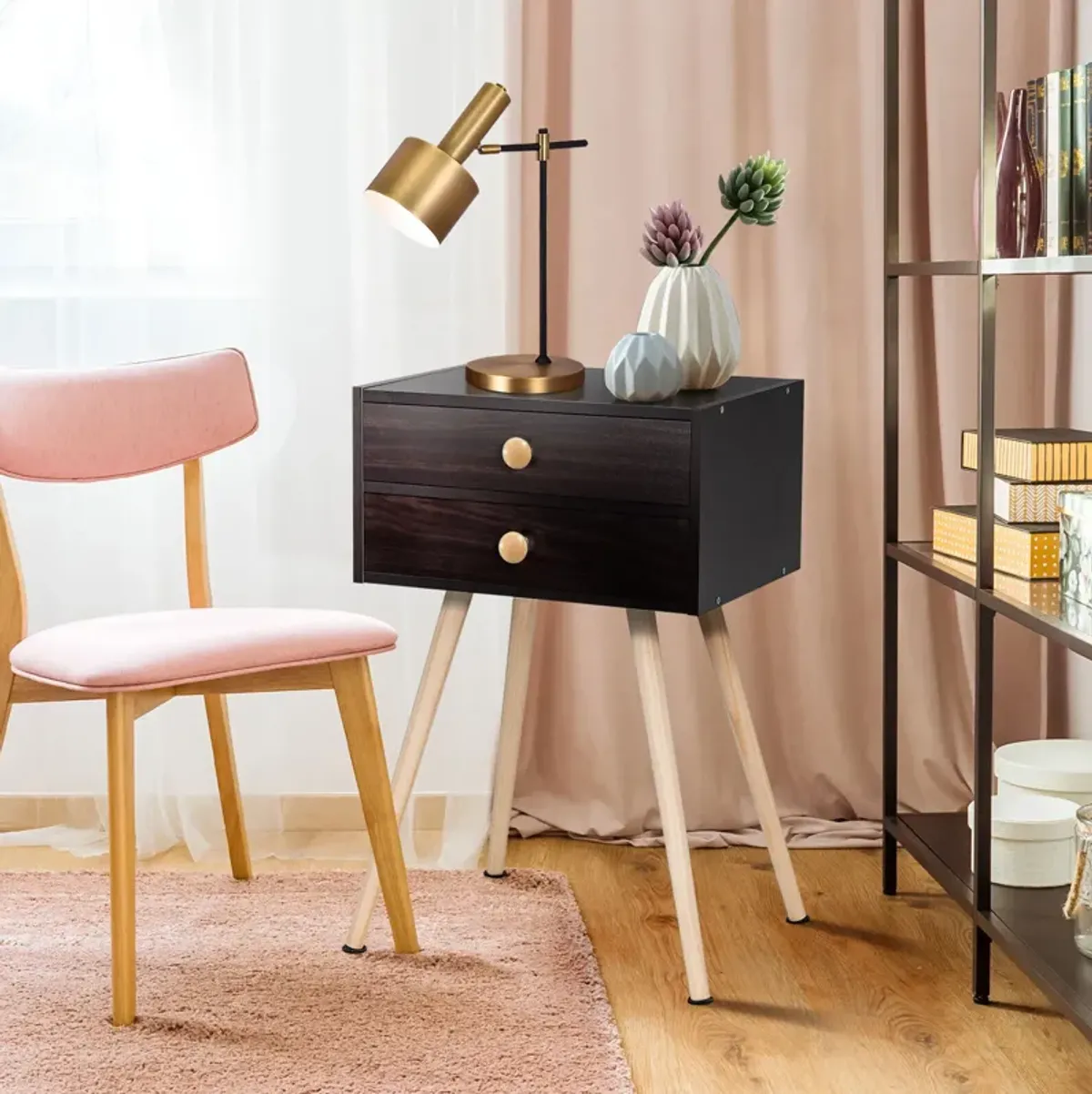 Mid Century Modern 2 Drawers Nightstand