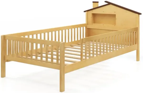 Hivvago Twin Size Kids Montessori Bed with House-Shaped Headboard and Built-in Storage Shelf