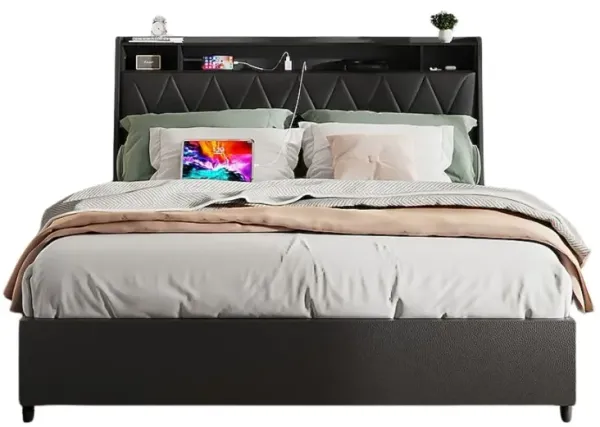Full Size Black Bed Frame with Storage & Ergonomic Headboard, Wood and Metal Design