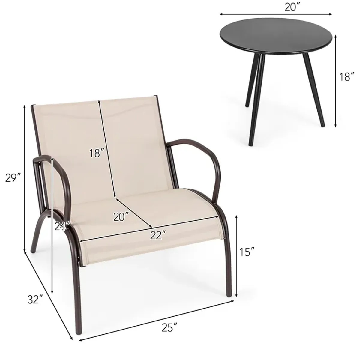 3 Piece Patio Metal Aluminum Wide Armchair and Table Set