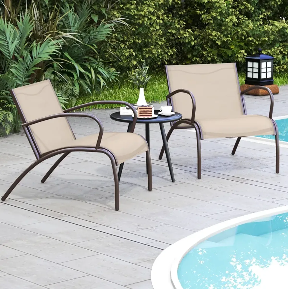 3 Piece Patio Metal Aluminum Wide Armchair and Table Set