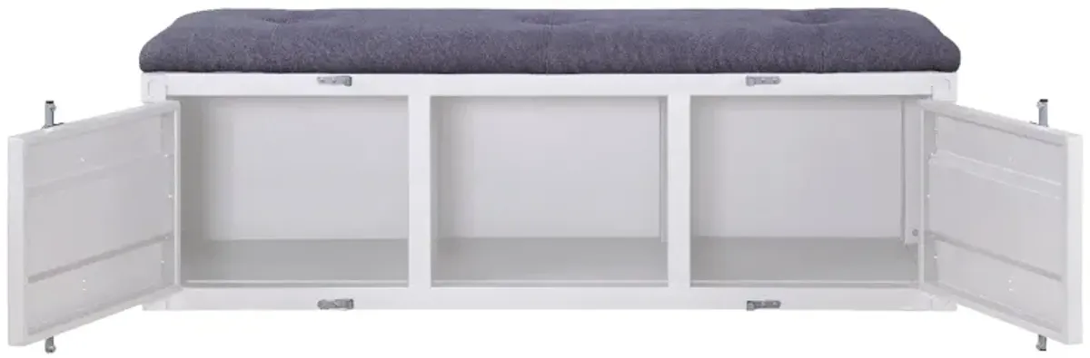 Metal Bench with Open Storage and Tufted Fabric Seat, White and Gray-Benzara