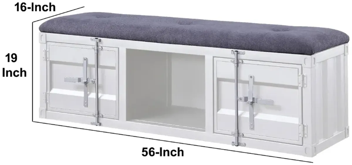 Metal Bench with Open Storage and Tufted Fabric Seat, White and Gray-Benzara