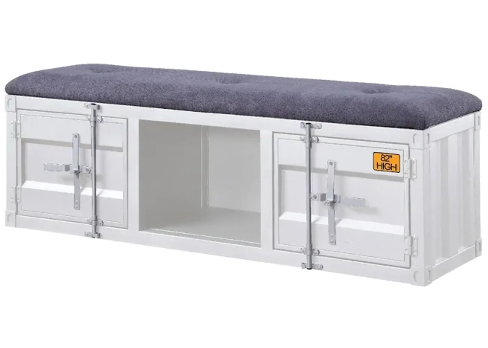 Metal Bench with Open Storage and Tufted Fabric Seat, White and Gray-Benzara