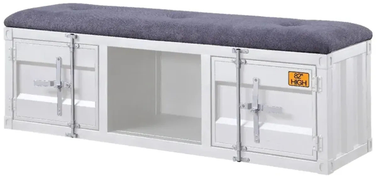 Metal Bench with Open Storage and Tufted Fabric Seat, White and Gray-Benzara