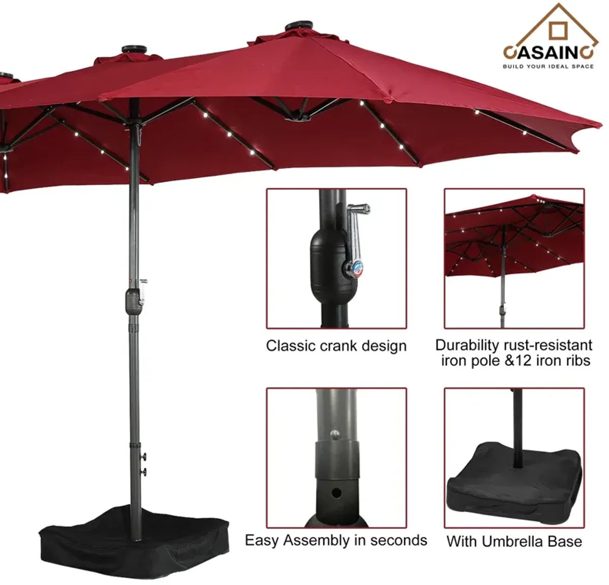 15ft Patio Maket Umbrella with base and led.