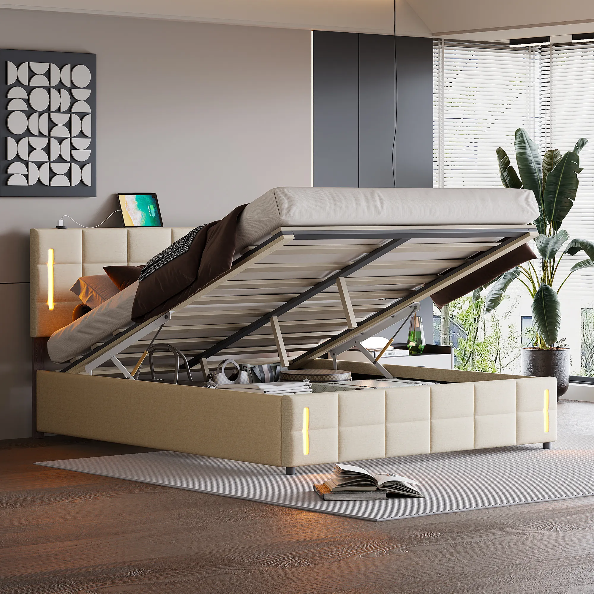 Merax Platform Bed with Hydraulic Storage System and LED Light