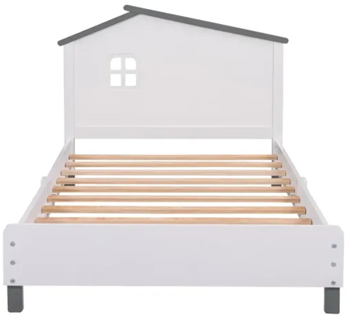 Twin Size Wood Platform Bed with House-shaped Headboard (White+Gray)