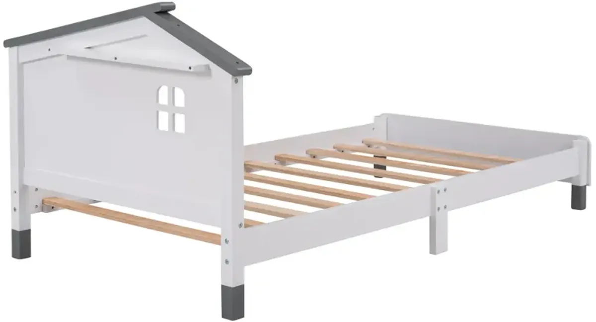 Twin Size Wood Platform Bed with House-shaped Headboard (White+Gray)