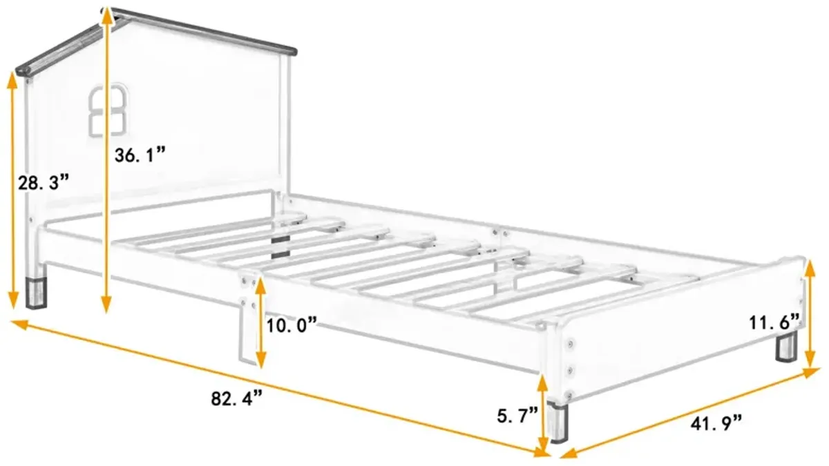 Twin Size Wood Platform Bed with House-shaped Headboard (White+Gray)