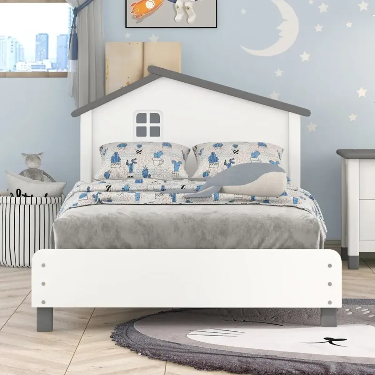 Twin Size Wood Platform Bed with House-shaped Headboard (White+Gray)