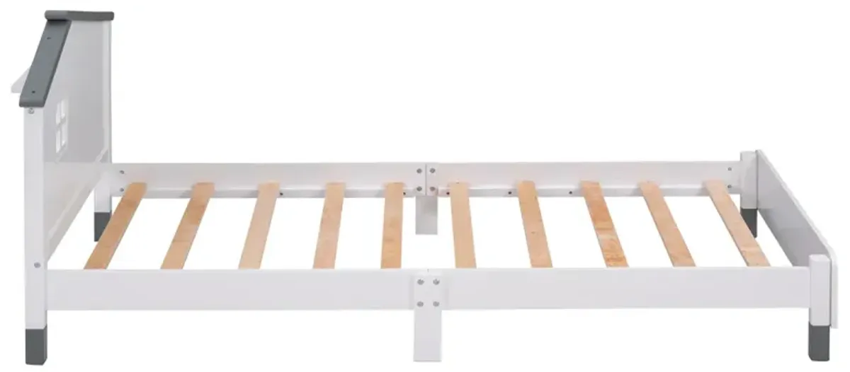 Twin Size Wood Platform Bed with House-shaped Headboard (White+Gray)