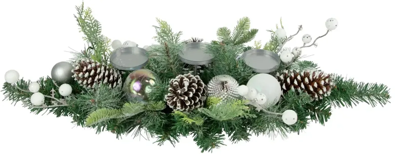 32" Green Pine Triple Candle Holder with Berries and Iridescent Christmas Ornaments