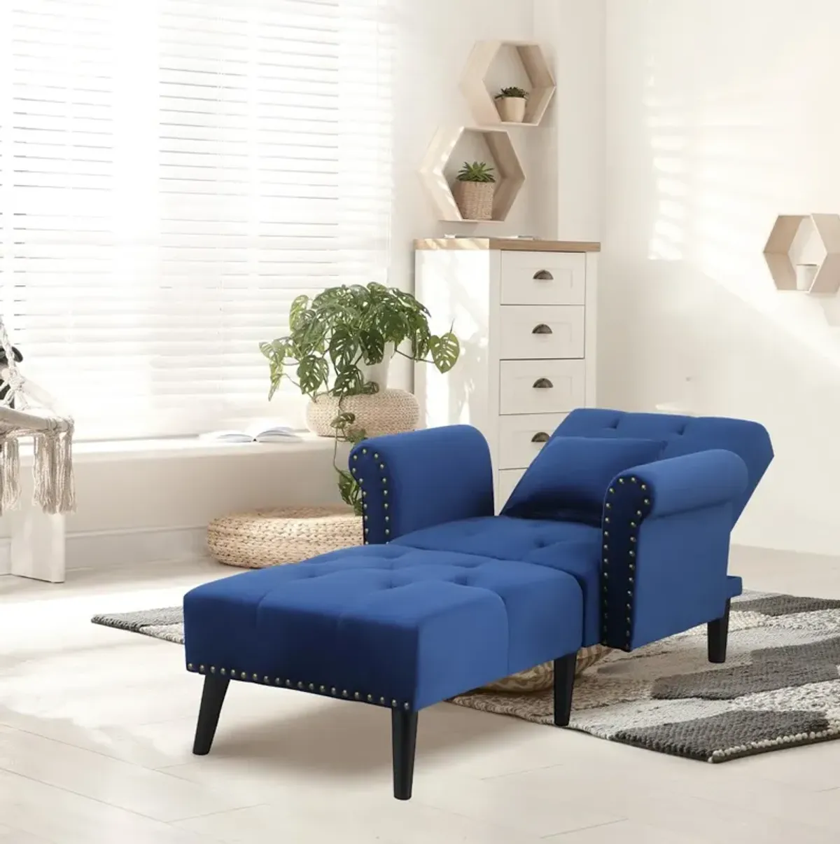 Blue Velvet Lounger: 2-in-1 Chaise with Rolled Armrest and Tufting