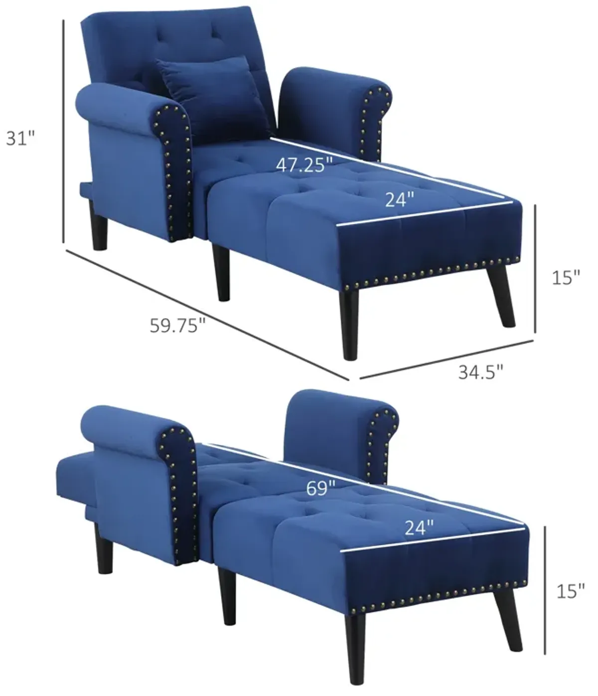 Blue Velvet Lounger: 2-in-1 Chaise with Rolled Armrest and Tufting