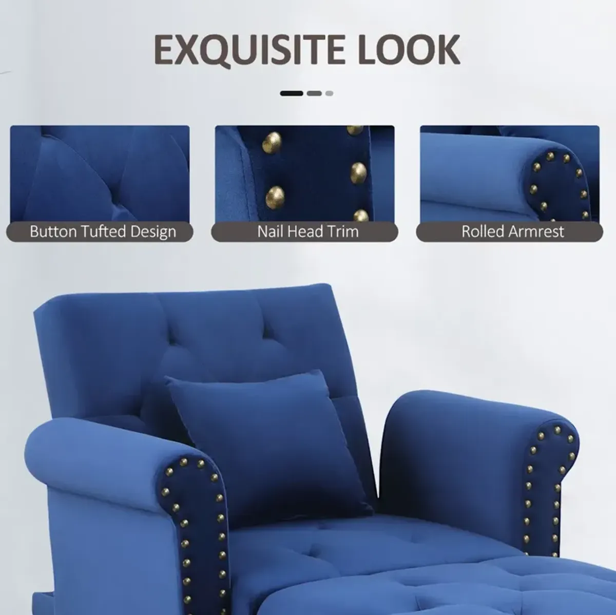 Blue Velvet Lounger: 2-in-1 Chaise with Rolled Armrest and Tufting