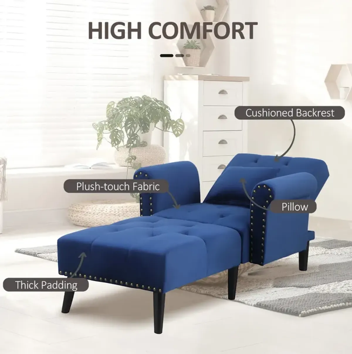 Blue Velvet Lounger: 2-in-1 Chaise with Rolled Armrest and Tufting