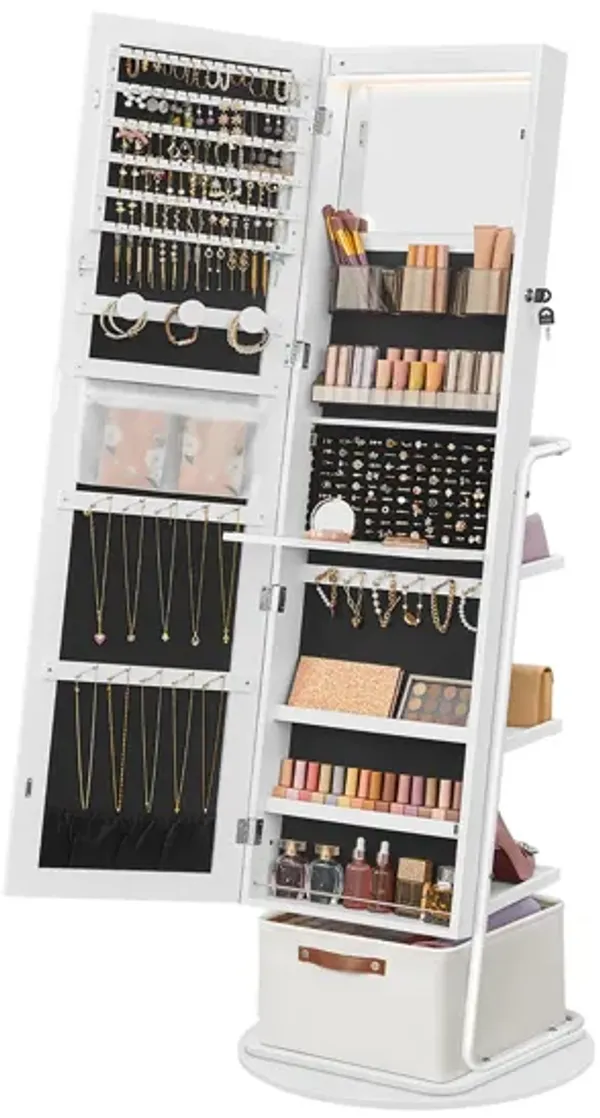 Swiveling Jewelry Armoire with Mirror and Lights – 360° Rotating Cabinet with Lock, Shelves & Hidden Storage