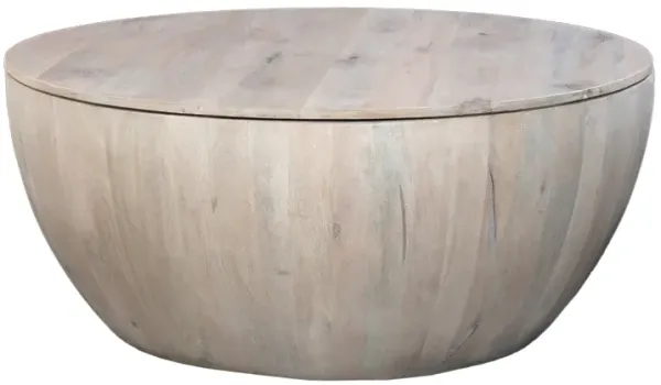 37 Inch Round Coffee Table, Handcrafted Drum Shape with Storage, Washed White Mango Wood - Benzara