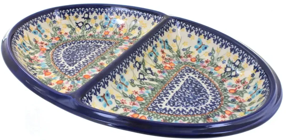 Blue Rose Polish Pottery Poinsettia Large Divided Dish