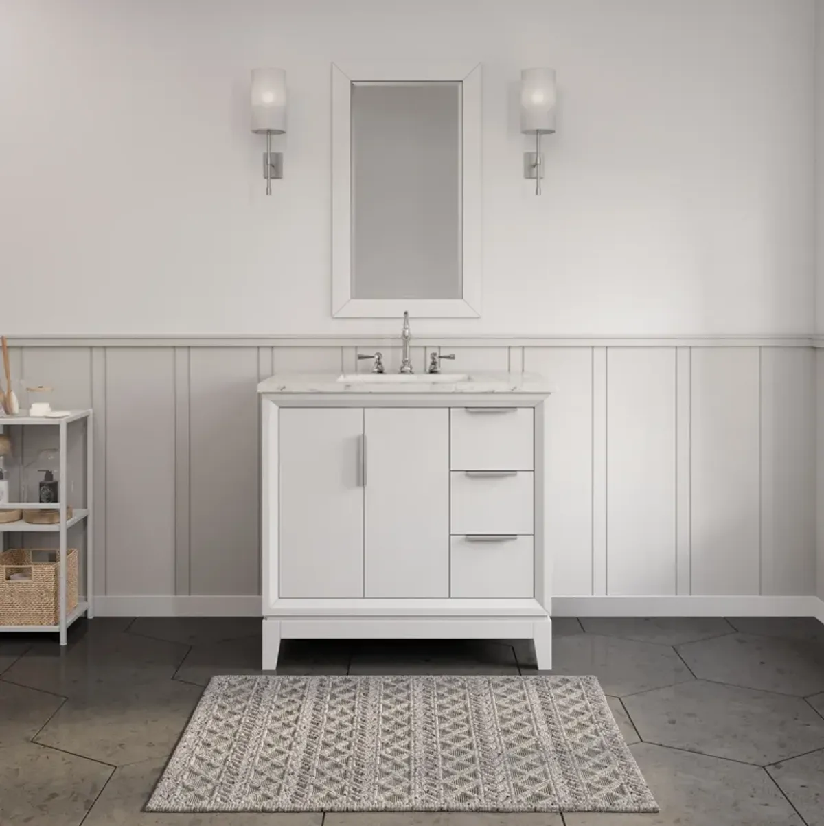 Elizabeth 36 In. Single Sink Carrara White Marble Countertop Bath Vanity In Pure White with Brushed Silver Hardware