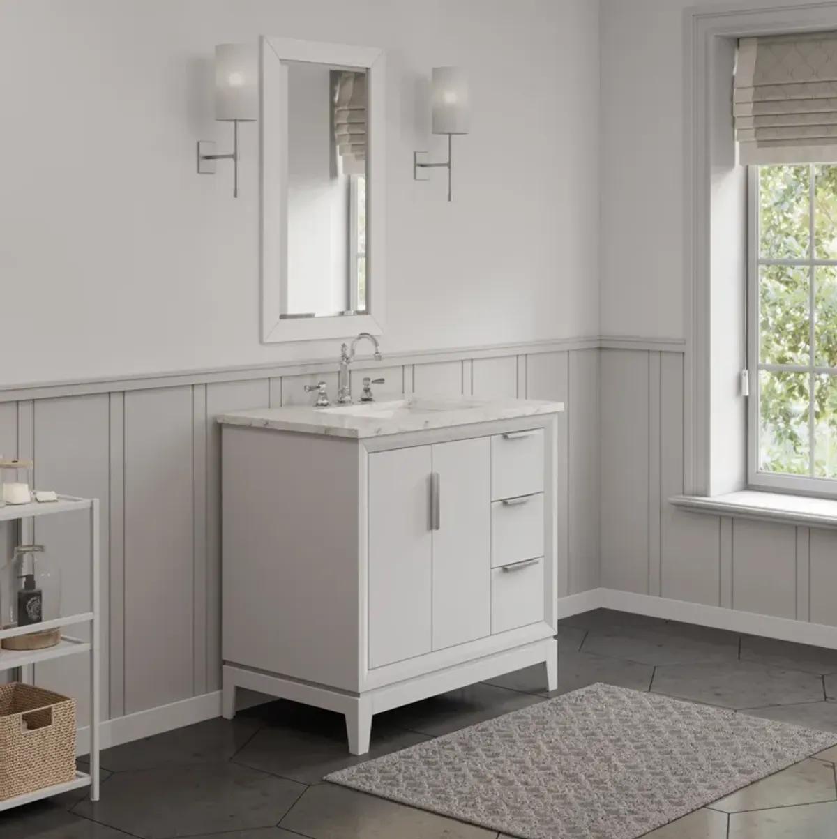 Elizabeth 36 In. Single Sink Carrara White Marble Countertop Bath Vanity In Pure White with Brushed Silver Hardware