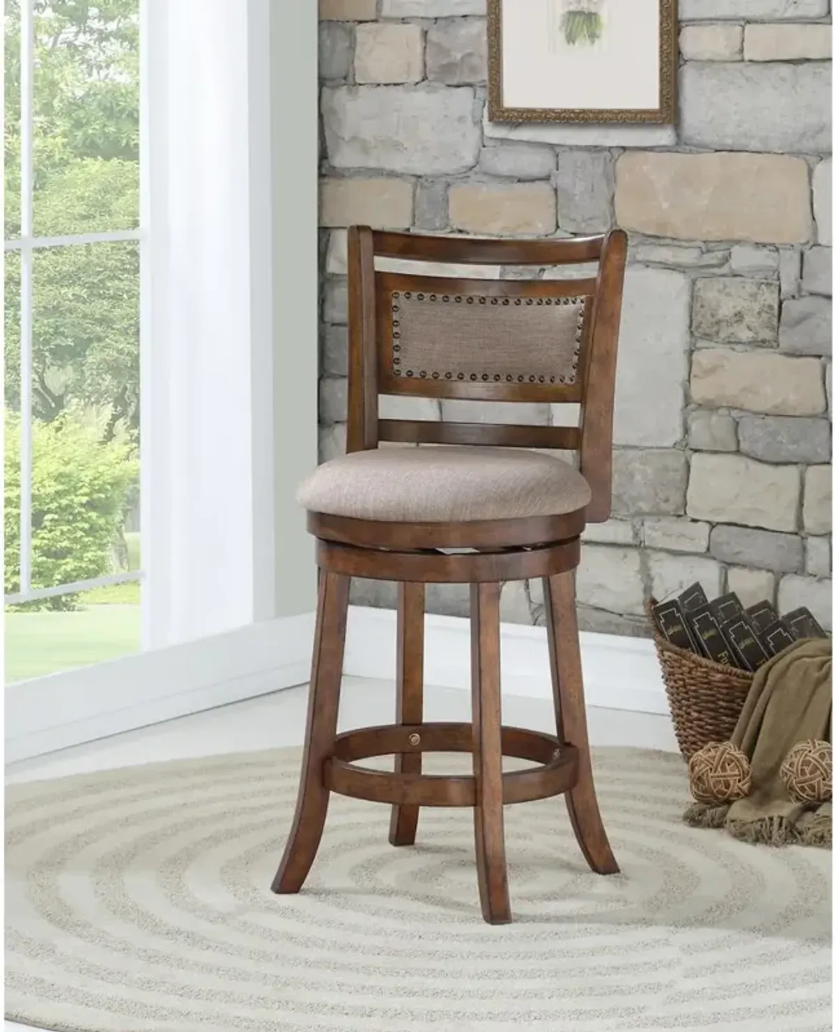 New Classic Furniture Aberdeen Wood Swivel Counter Stool with Fabric Seat in Dark Brown