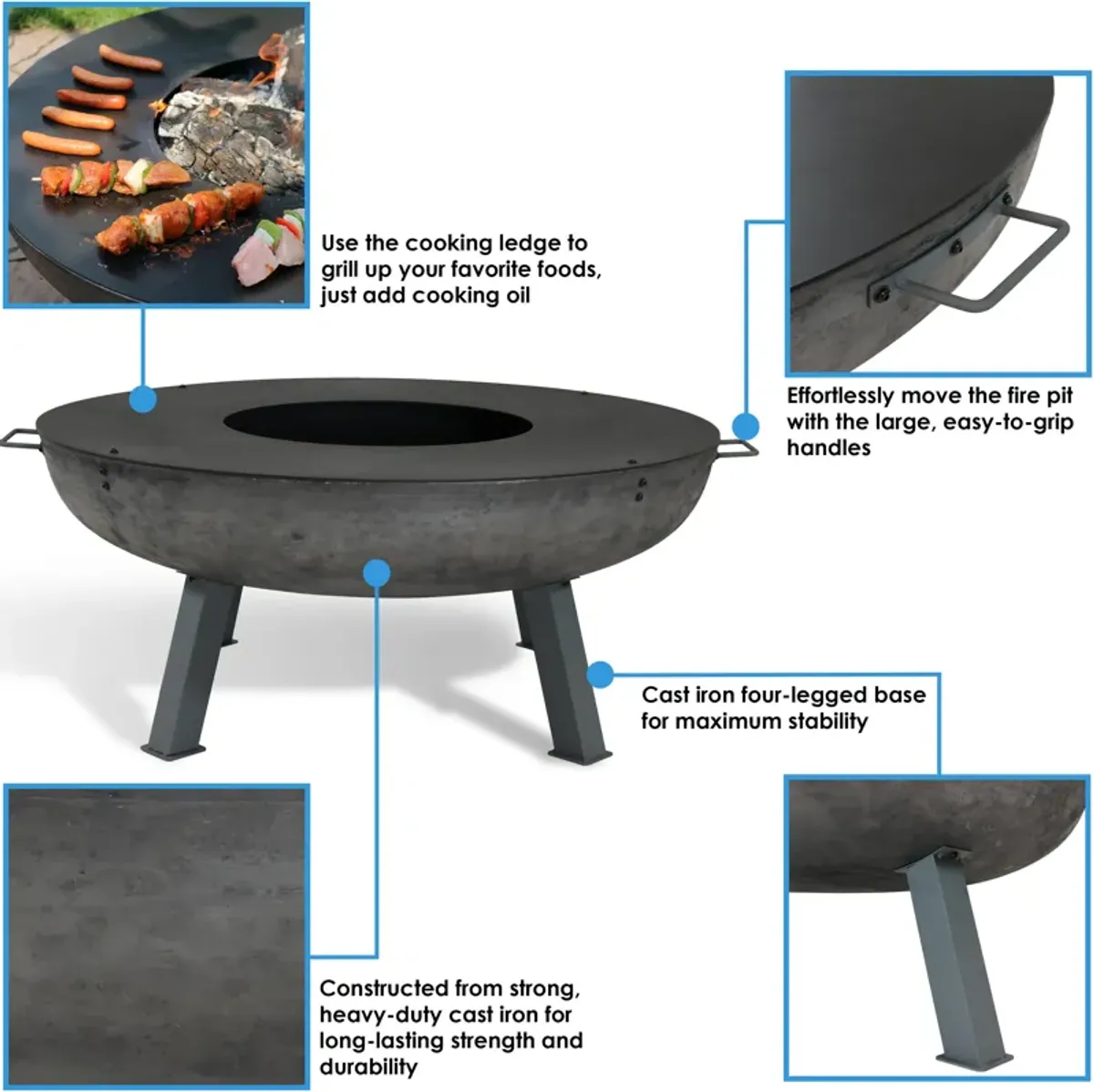 Sunnydaze 40 in Cast Iron Fire Pit Bowl with Cooking Ledge