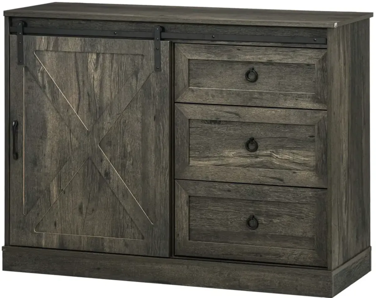 HOMCOM Farmhouse Sideboard Buffet Cabinet, Kitchen Cabinet Coffee Bar Cabinet with Sliding Barn Door and 3 Storage Drawers for Living Room, Dark Grey