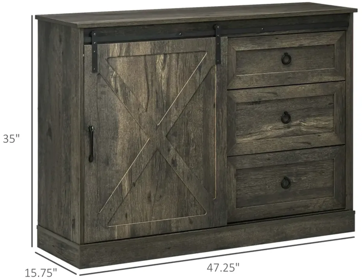 HOMCOM Farmhouse Sideboard Buffet Cabinet, Kitchen Cabinet Coffee Bar Cabinet with Sliding Barn Door and 3 Storage Drawers for Living Room, Dark Grey