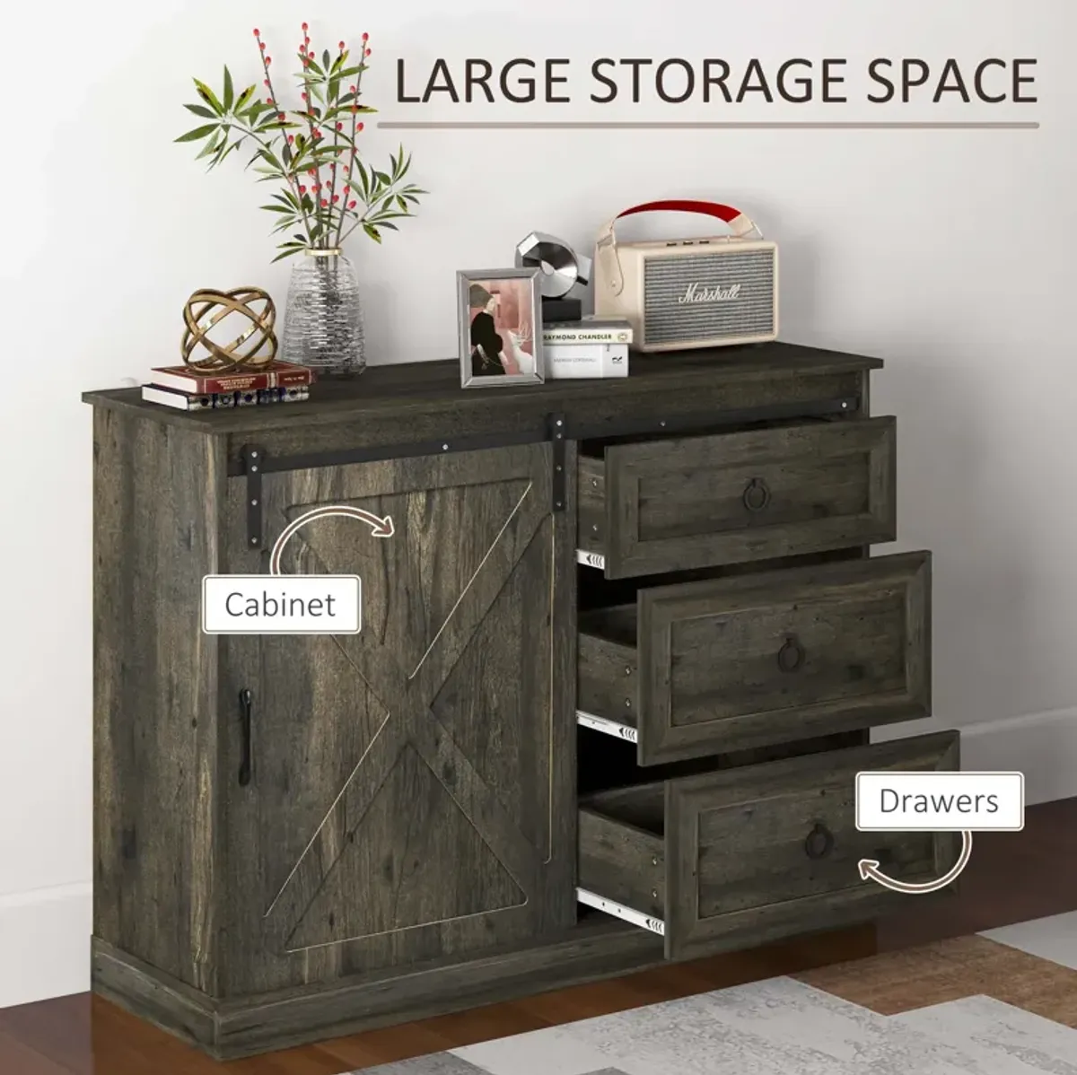 HOMCOM Farmhouse Sideboard Buffet Cabinet, Kitchen Cabinet Coffee Bar Cabinet with Sliding Barn Door and 3 Storage Drawers for Living Room, Dark Grey