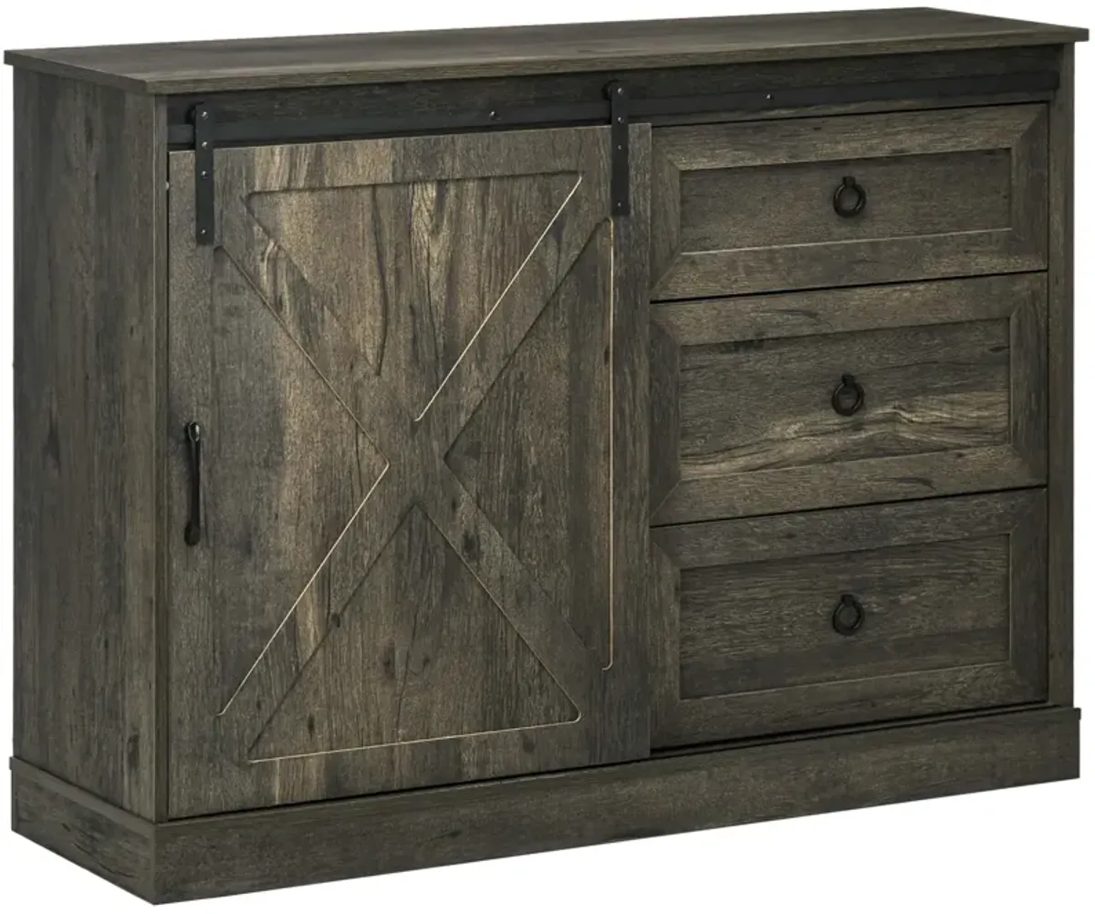 HOMCOM Farmhouse Sideboard Buffet Cabinet, Kitchen Cabinet Coffee Bar Cabinet with Sliding Barn Door and 3 Storage Drawers for Living Room, Dark Grey