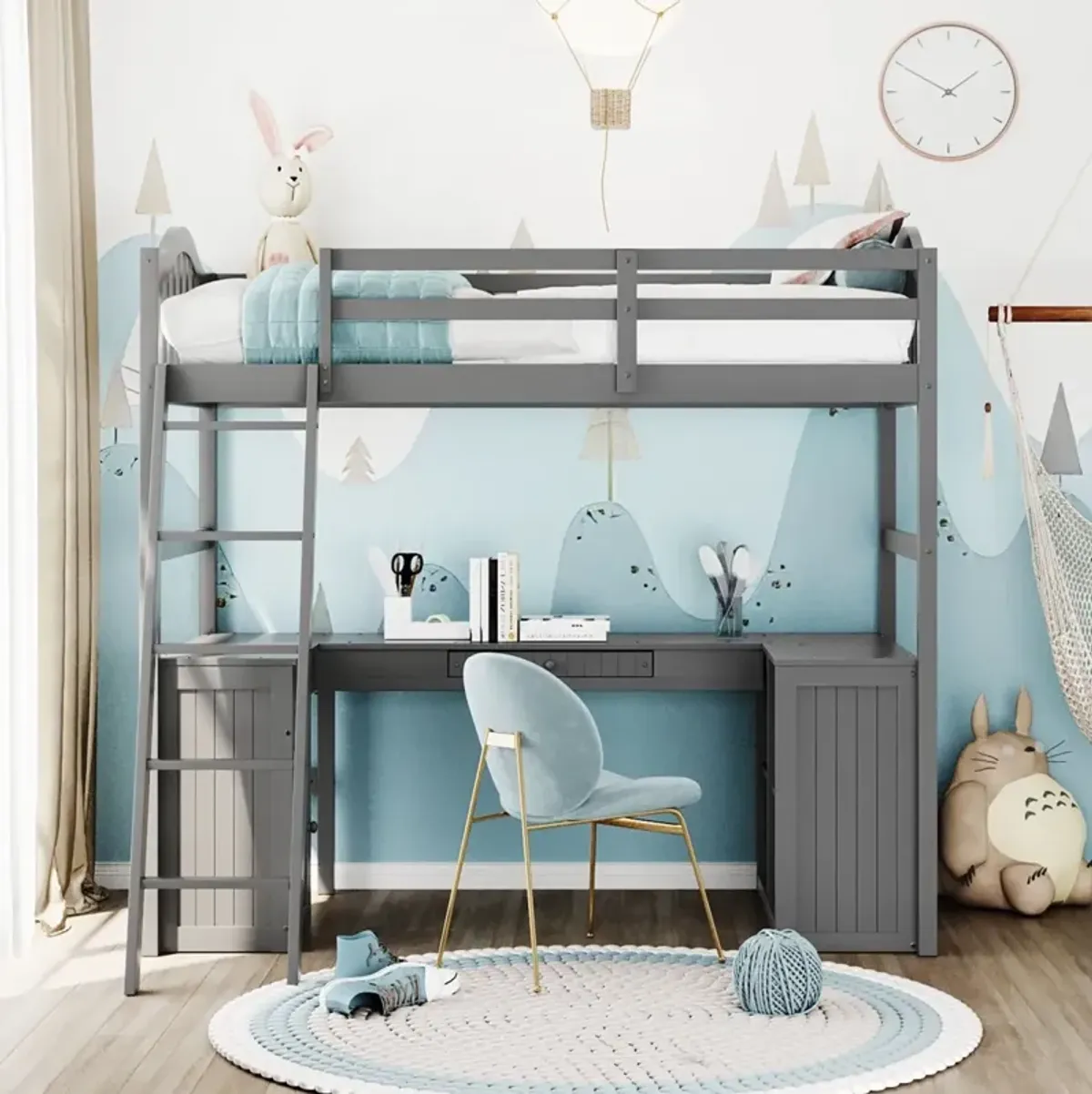 Twin Size Loft Bed With Drawers, Cabinet, Shelves And Desk, Wooden Loft Bed With Desk