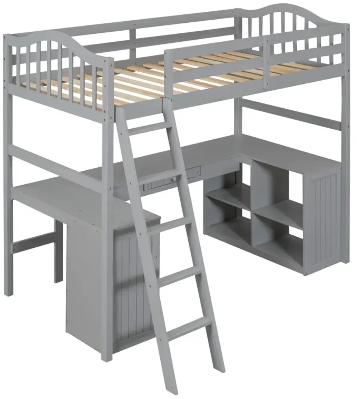 Twin Size Loft Bed With Drawers, Cabinet, Shelves And Desk, Wooden Loft Bed With Desk