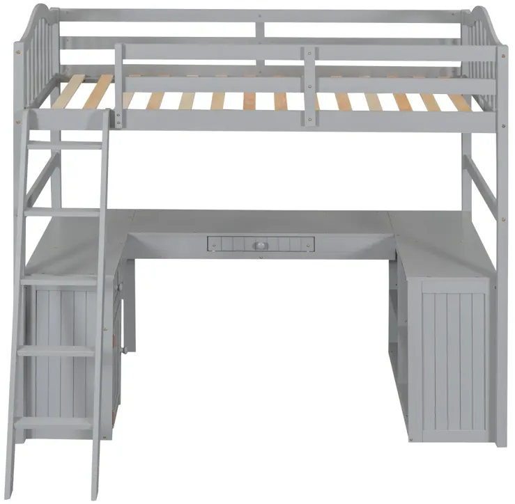 Twin size Loft Bed with Drawers, Cabinet, Shelves and Desk, Wooden Loft Bed with Desk - Gray