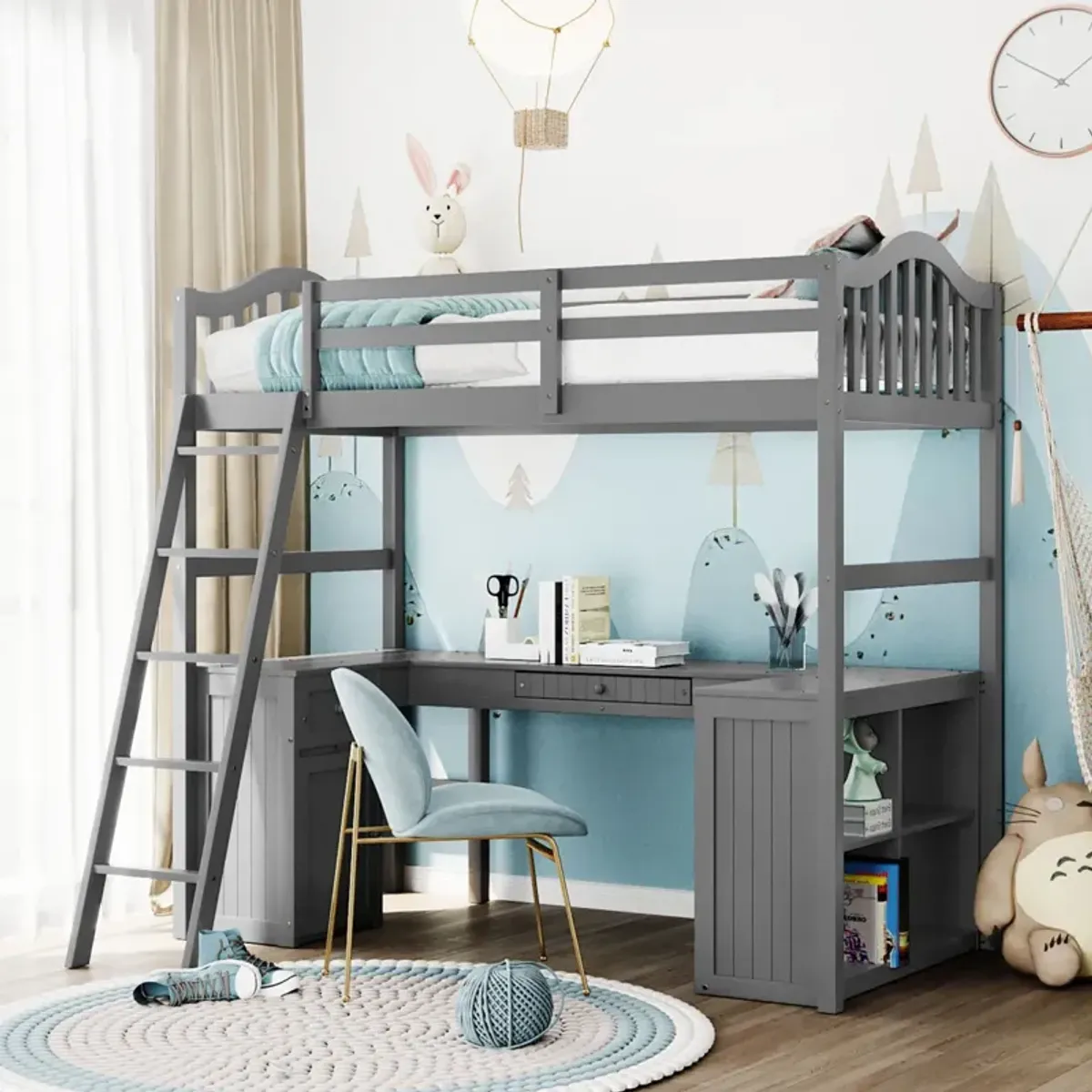 Twin Size Loft Bed With Drawers, Cabinet, Shelves And Desk, Wooden Loft Bed With Desk