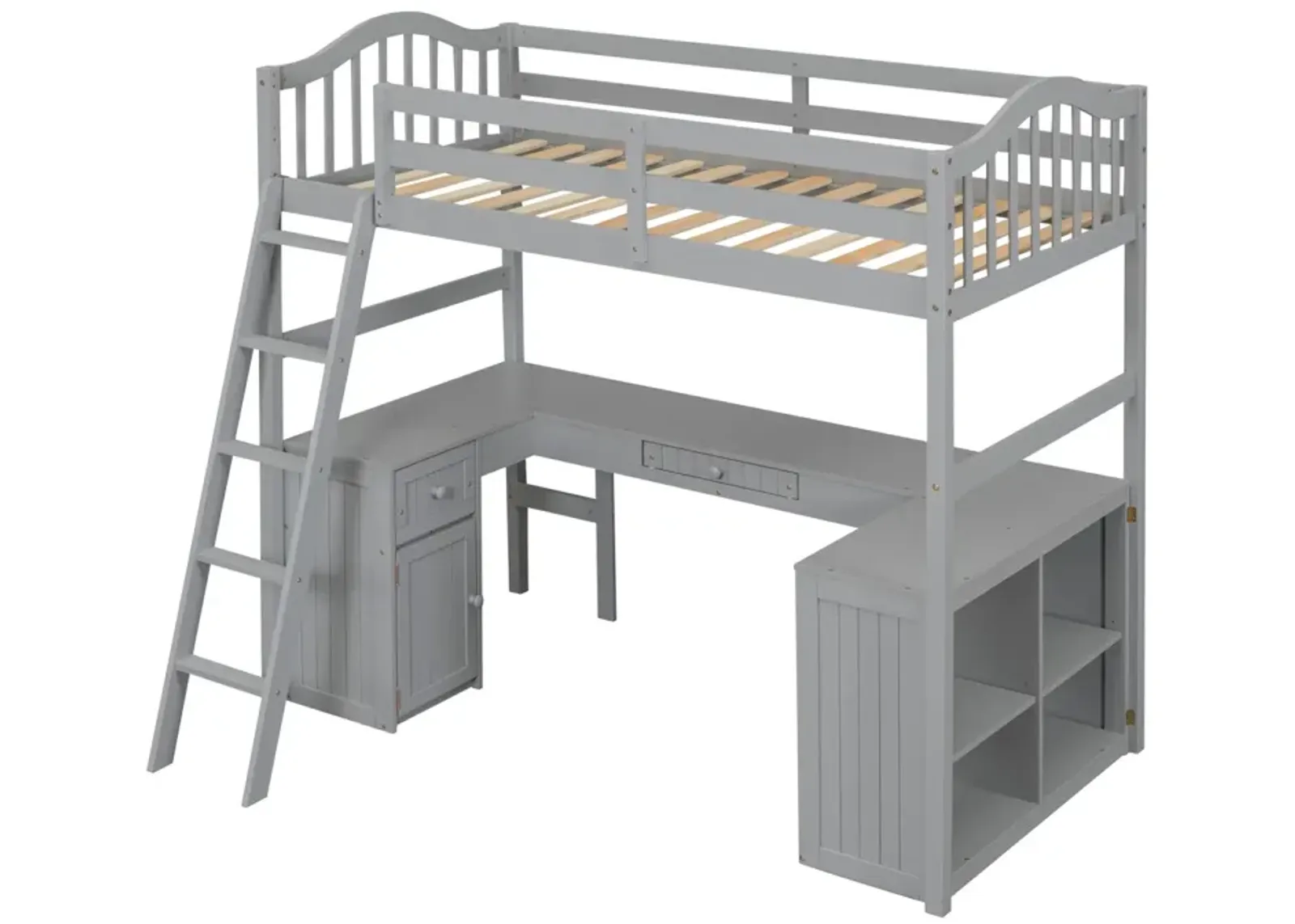 Twin Size Loft Bed With Drawers, Cabinet, Shelves And Desk, Wooden Loft Bed With Desk