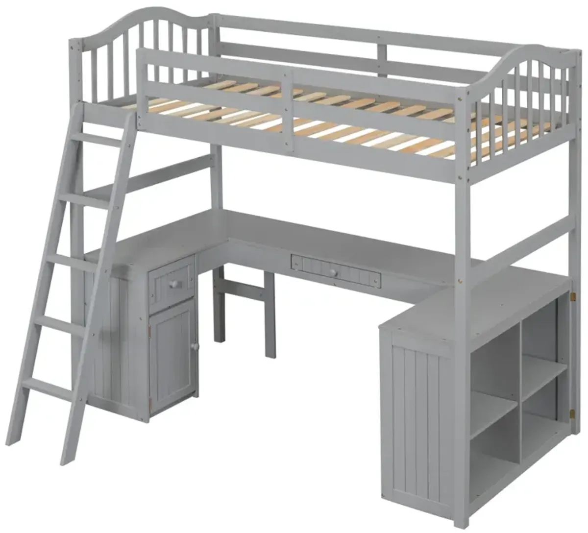 Twin Size Loft Bed With Drawers, Cabinet, Shelves And Desk, Wooden Loft Bed With Desk