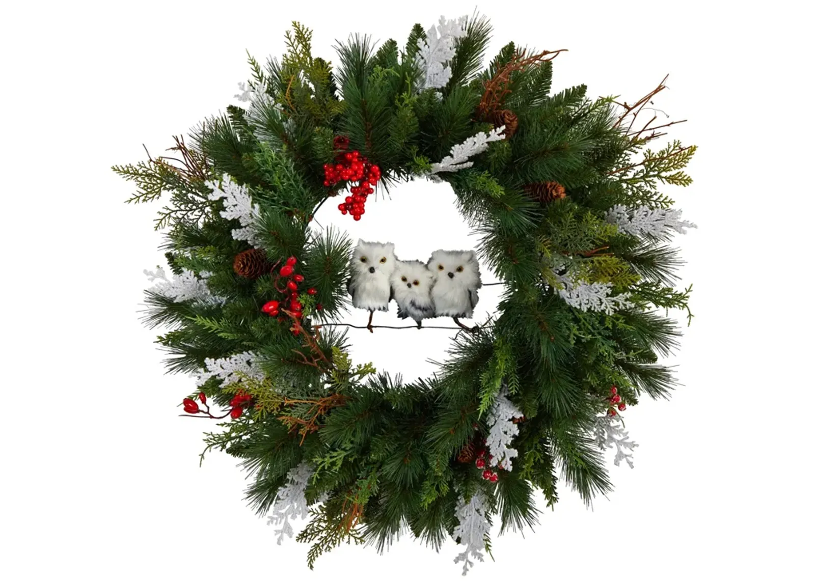 HomPlanti 24" Holiday Winter Owl Family Pinecone Berry Christmas Artificial Wreath