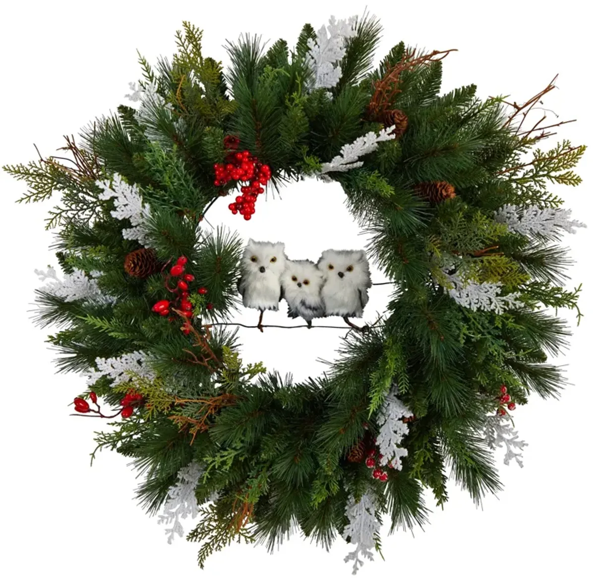 HomPlanti 24" Holiday Winter Owl Family Pinecone Berry Christmas Artificial Wreath