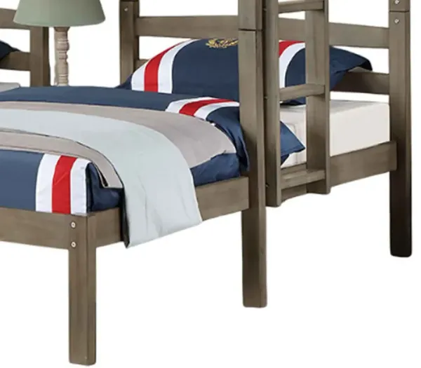 Tenn Triple Twin Bunk Bed, Built In Nightstand and USB Port, Gray Wood - Benzara