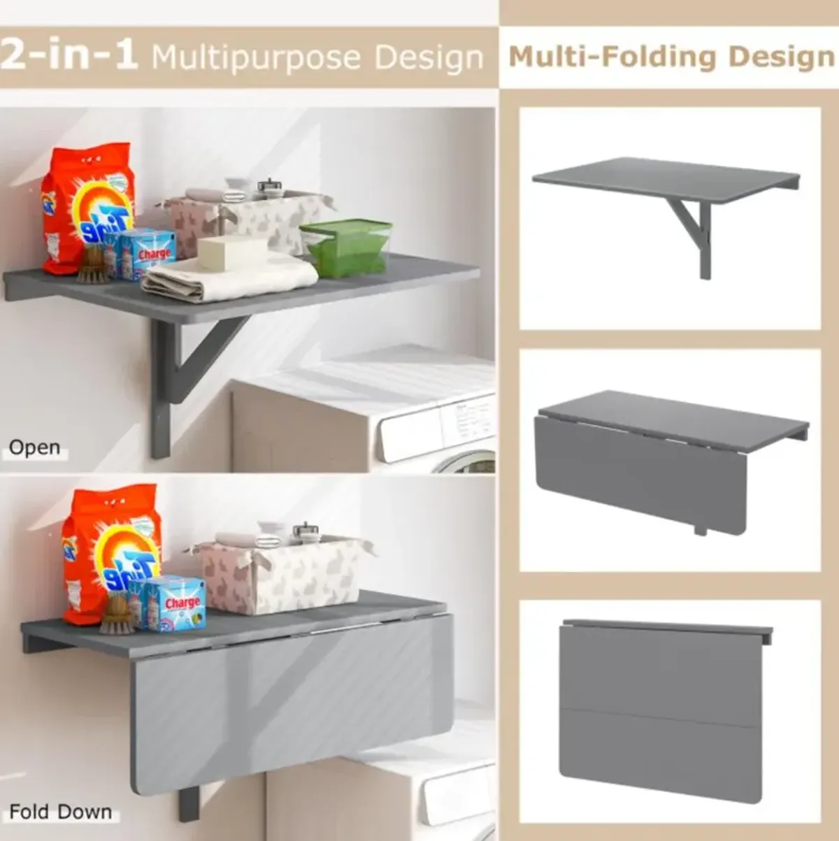 Hivvago 31.5 x 23.5 Inch Wall Mounted Folding Table for Small Spaces