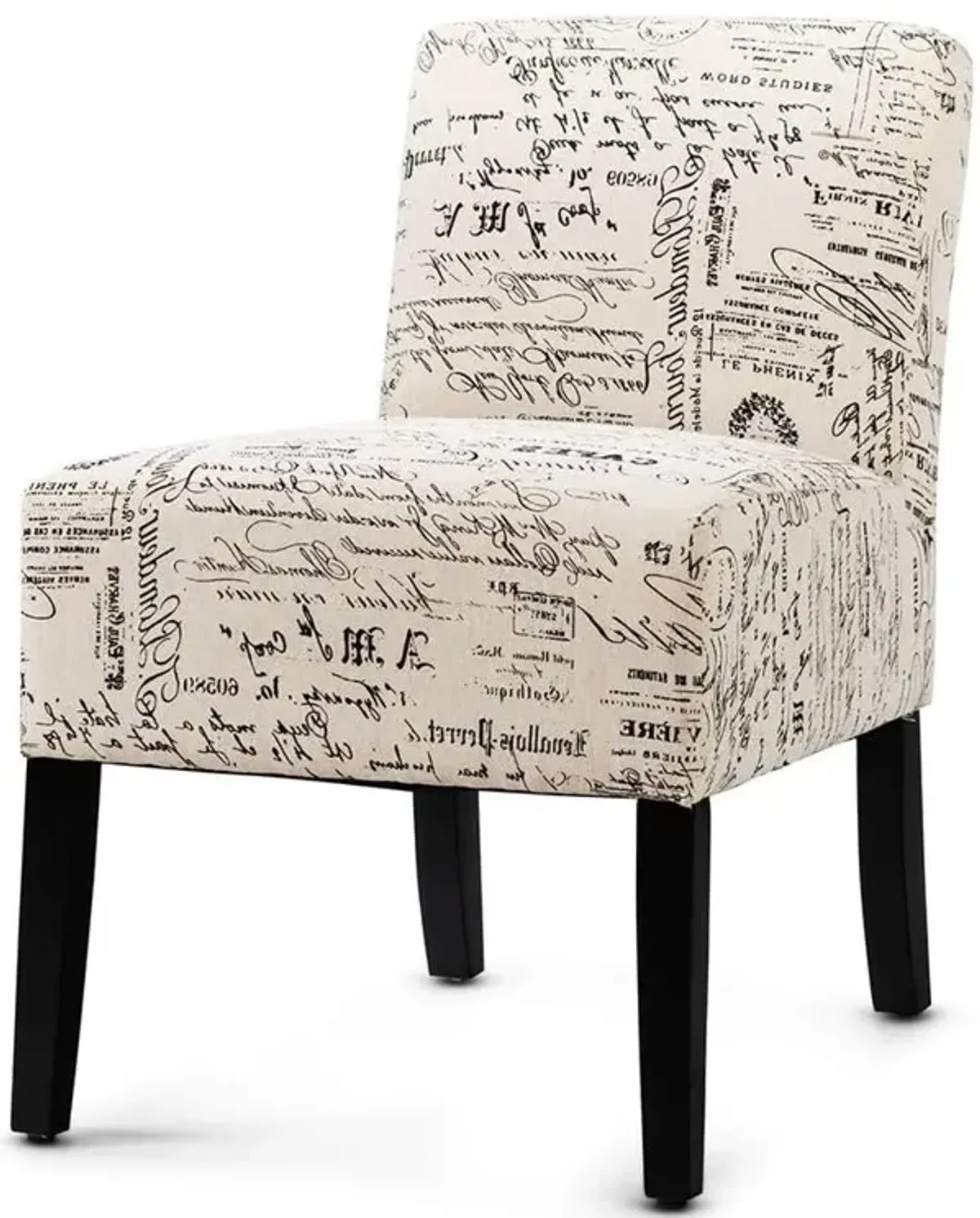 QuikFurn Modern Accent Chair Off-White French Cursive Pattern Upholstery with Black Wood Legs