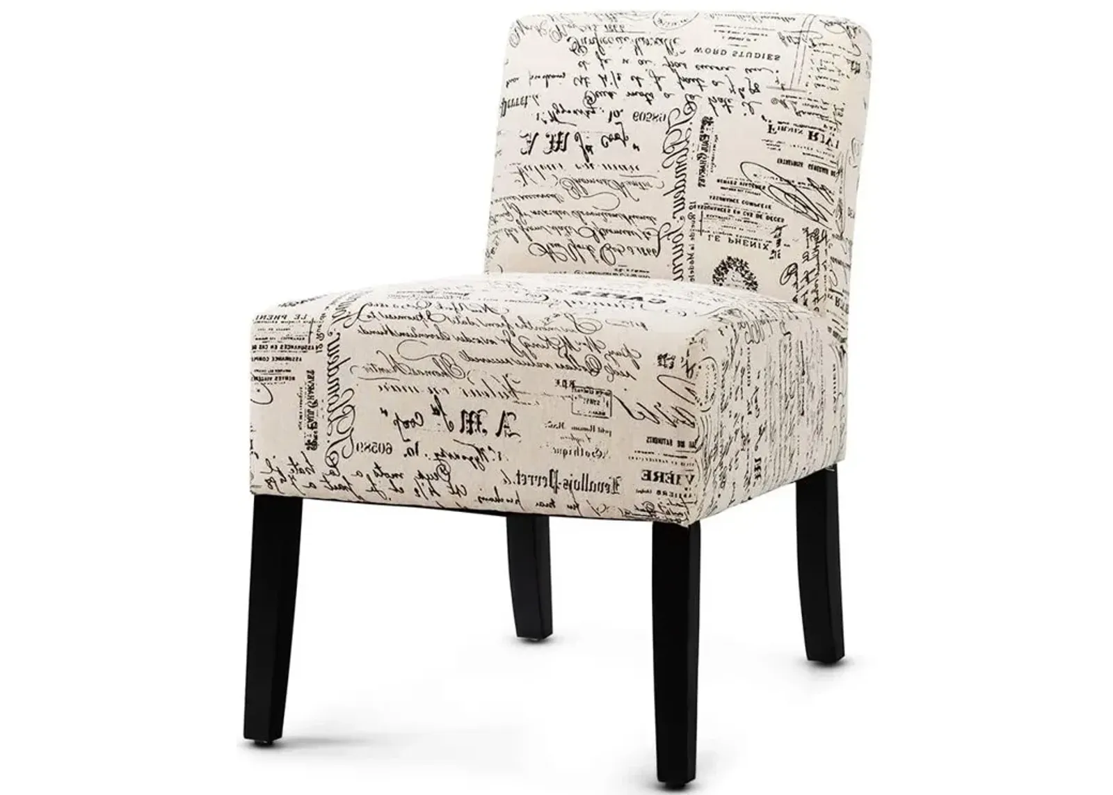 QuikFurn Modern Accent Chair Off-White French Cursive Pattern Upholstery with Black Wood Legs