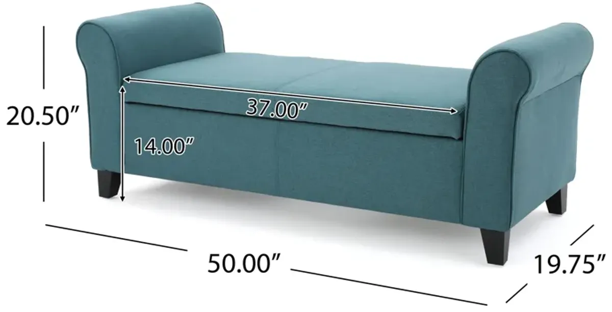 Shawn Storage Bench, 50 Inch, Rolled Arms, Solid Wood, Dark Teal Blue - Benzara