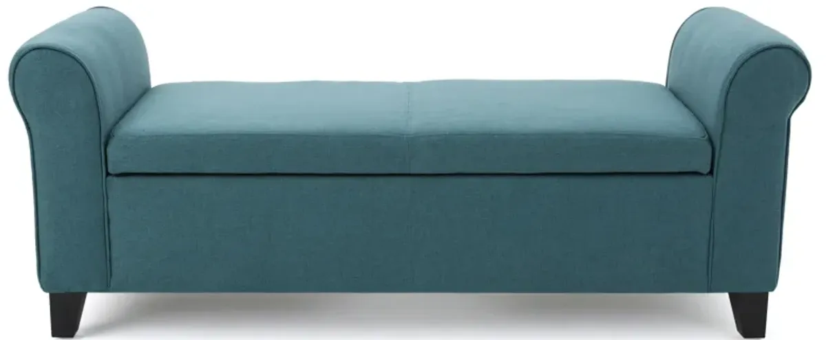 Shawn Storage Bench, 50 Inch, Rolled Arms, Solid Wood, Dark Teal Blue - Benzara